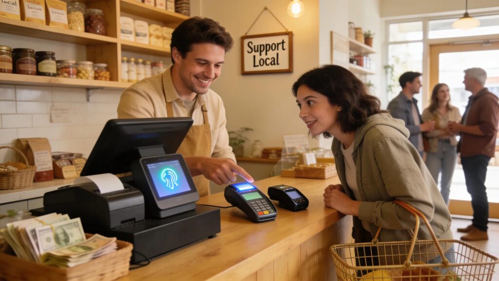 Small business cashier assisting customer with friendly service and various payment methods