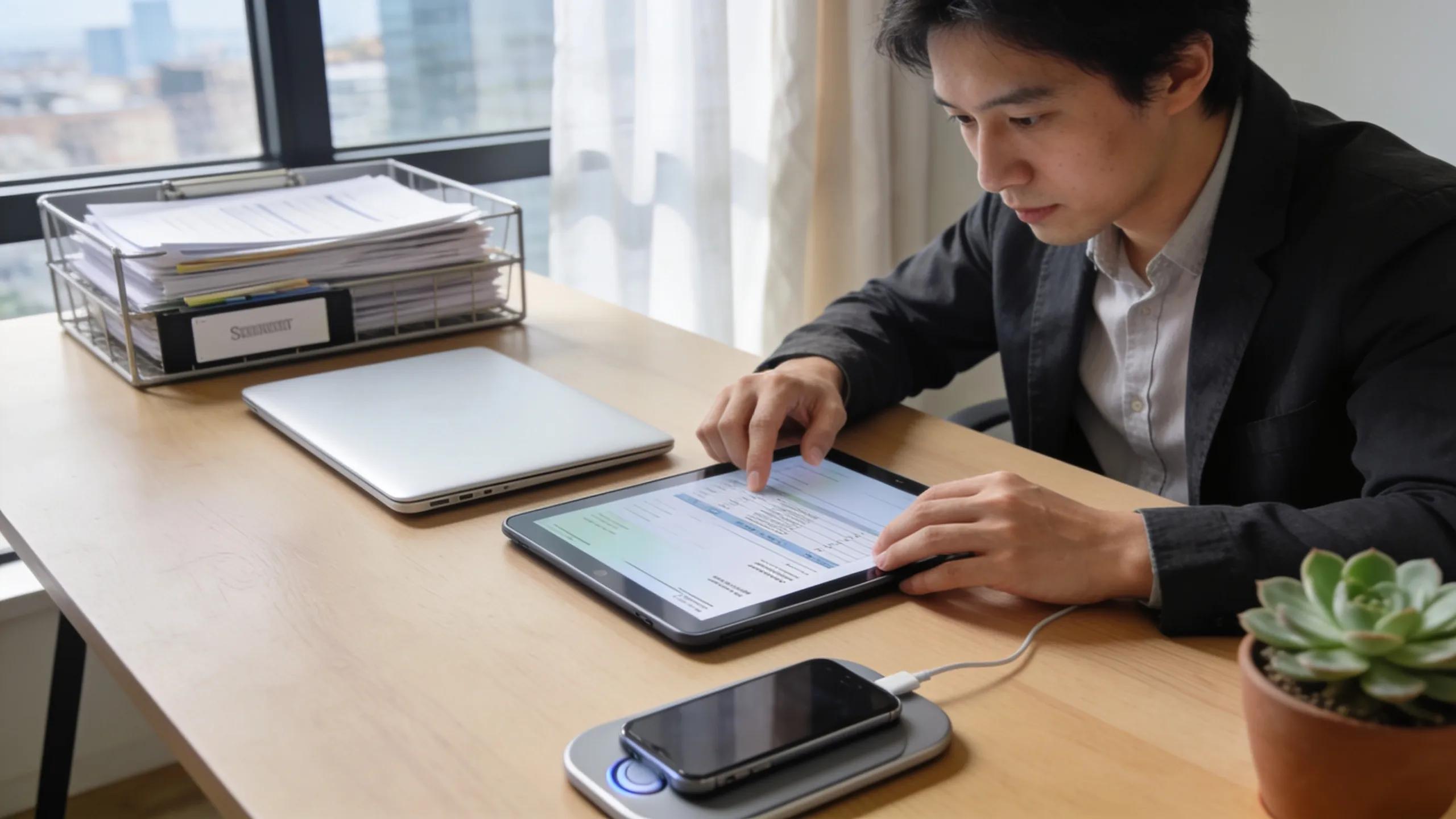 Business professional reviewing invoices using a tablet in a modern office