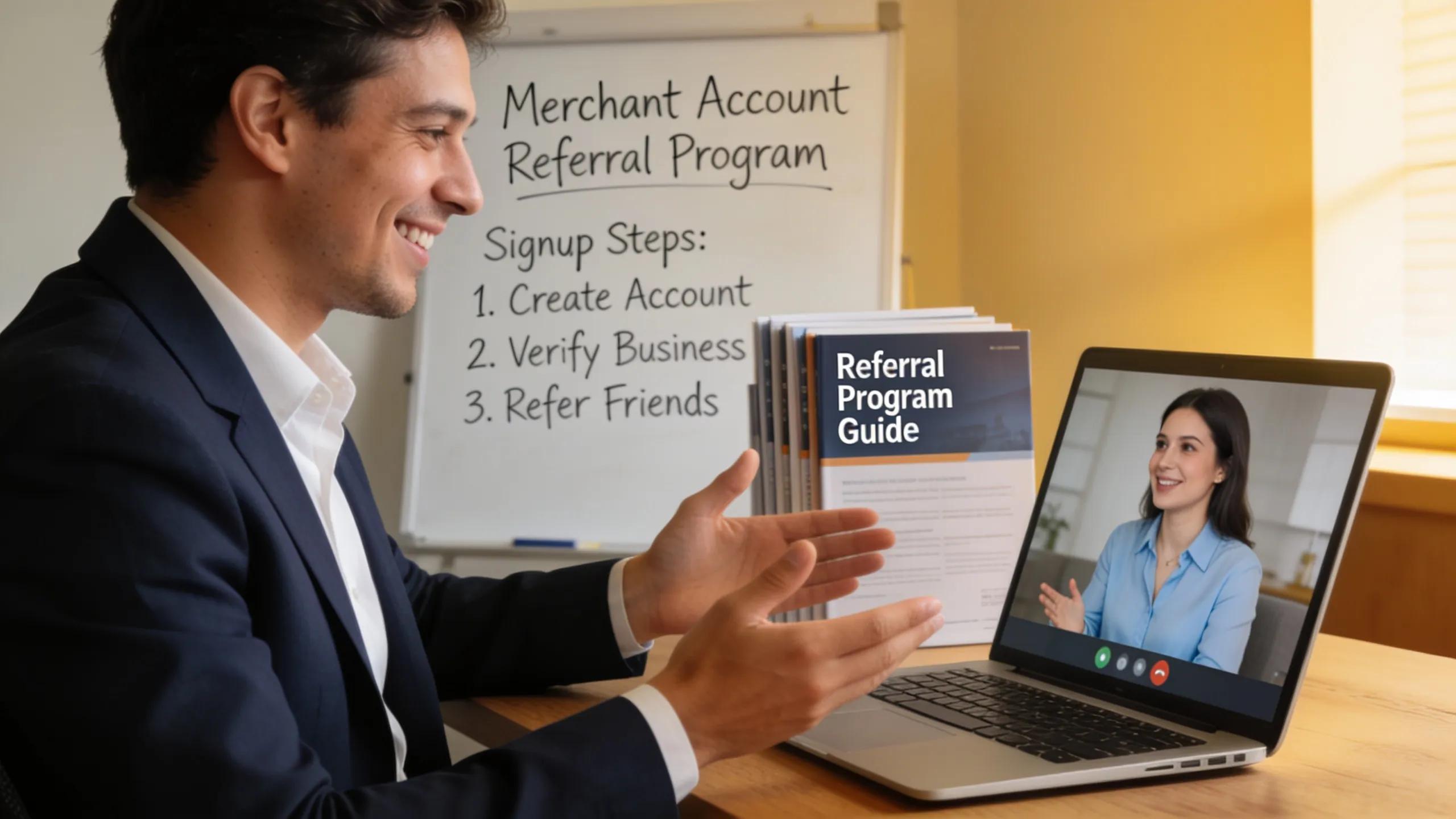Business consultant assisting client with signing up for merchant account referral program