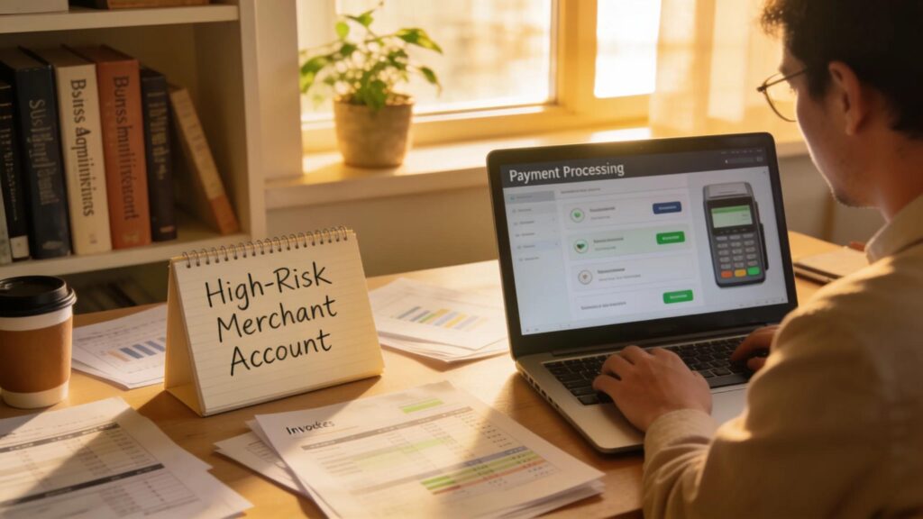 Small business owner reviewing high-risk merchant account options in a cozy office