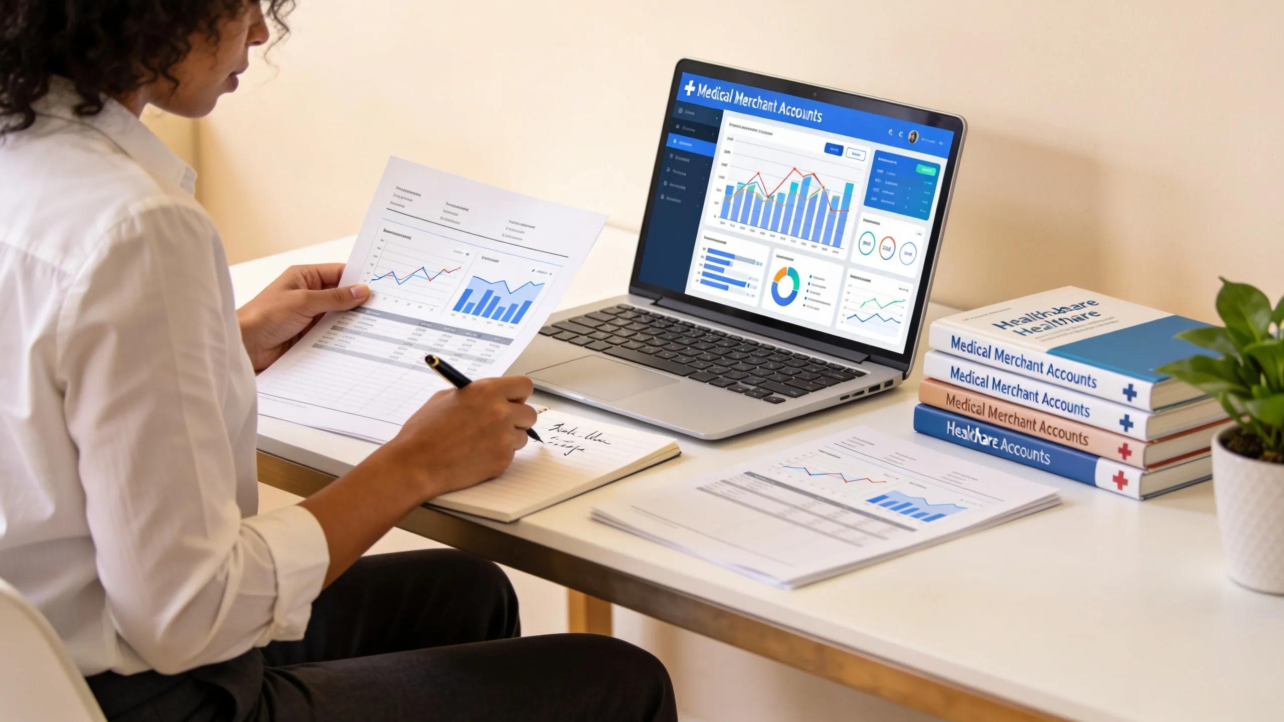 Healthcare administrator preparing documents to obtain a medical merchant account
