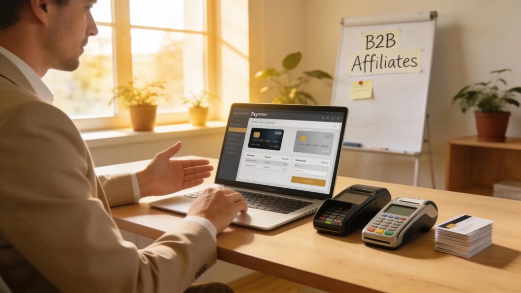 Business owner exploring credit card processing affiliate programs in modern office setting