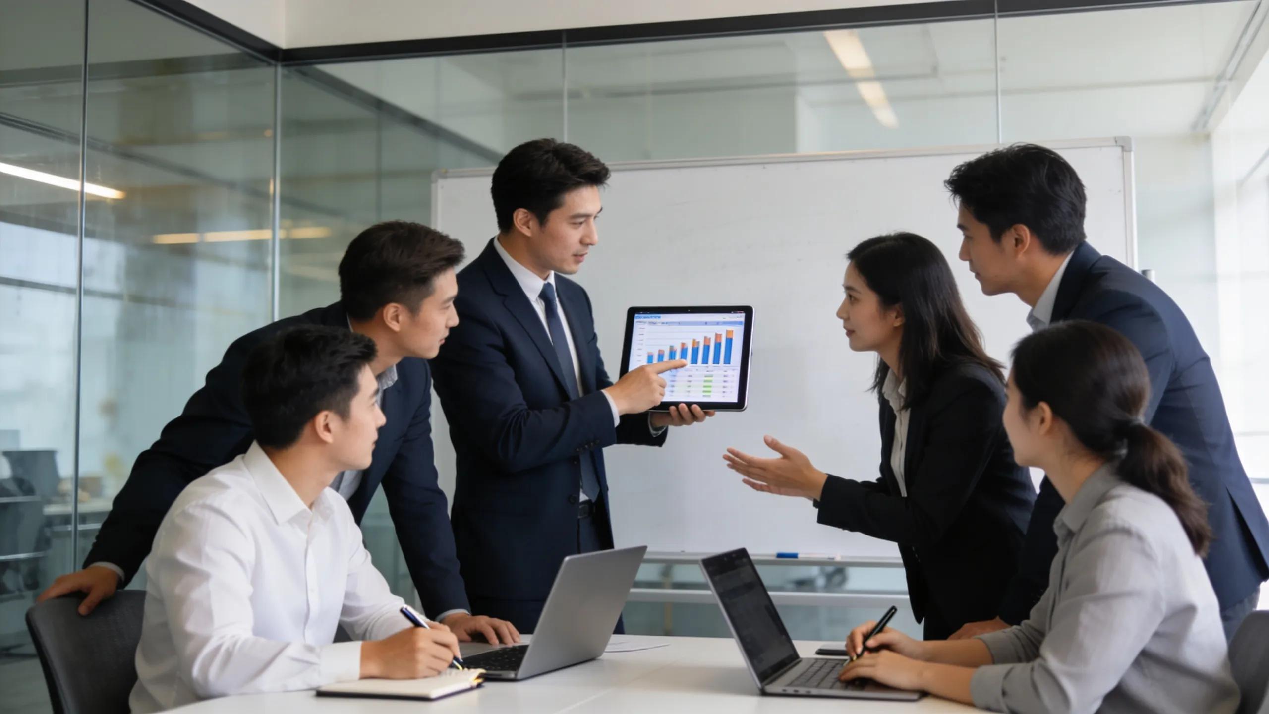 Business team discussing chargeback mitigation tactics in a modern conference room
