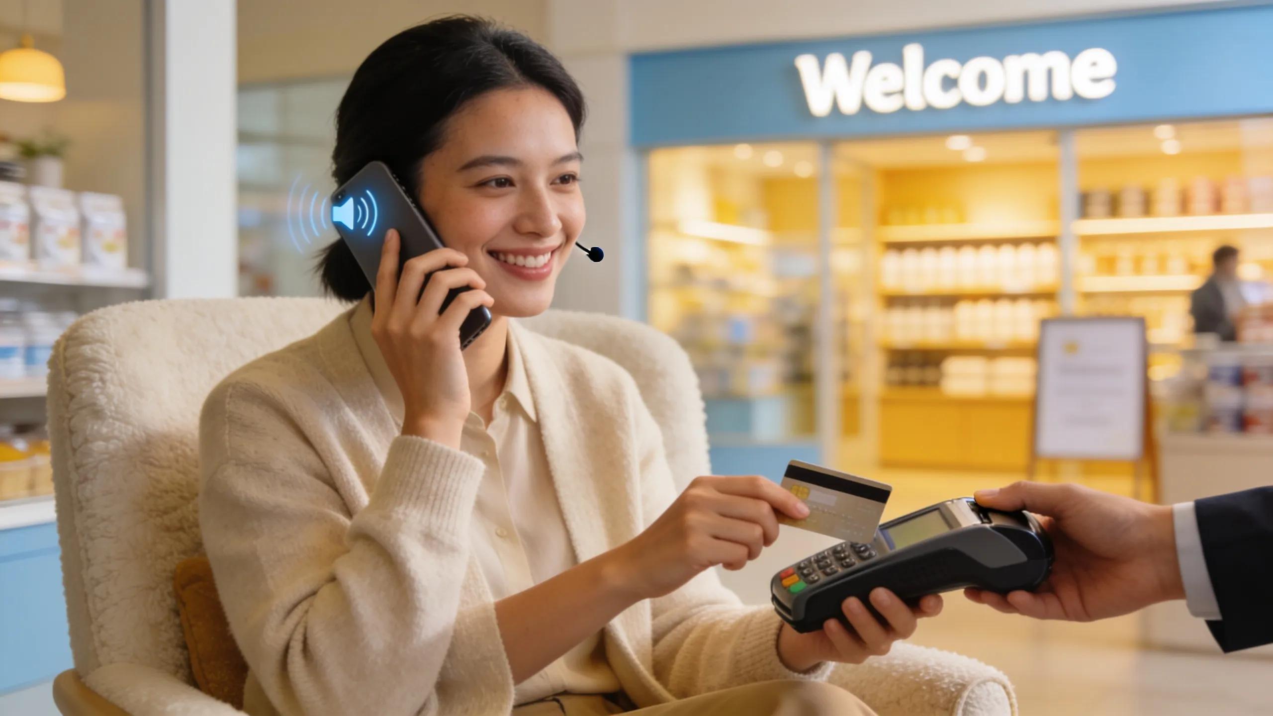 Customer making a payment via phone in a convenient service environment