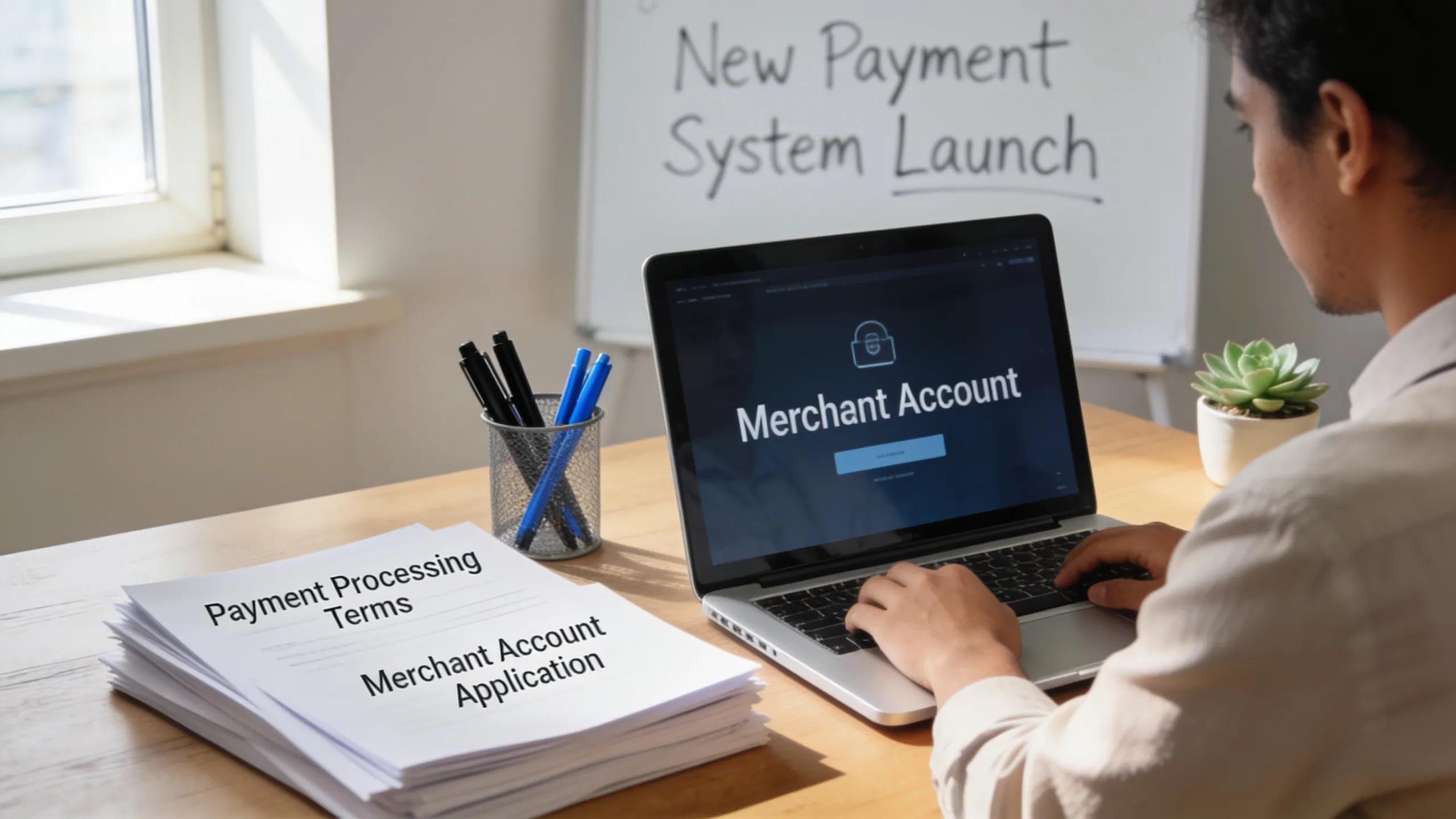 Small business owner setting up merchant account on laptop in an organized workspace