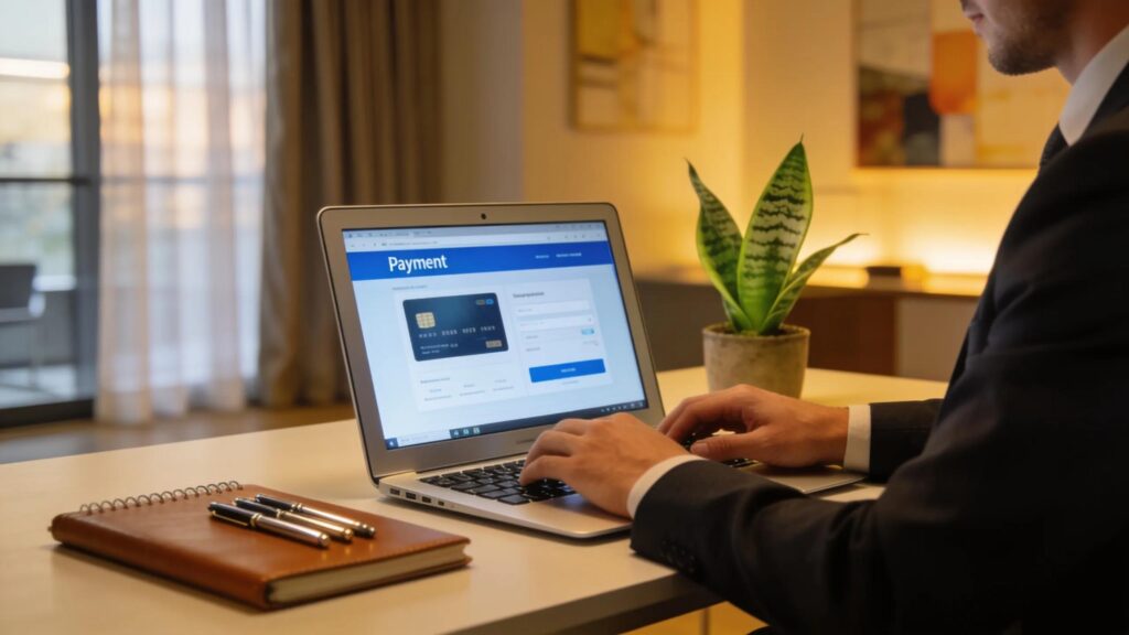 Business professional using a laptop for virtual terminal payment processing in a modern workspace