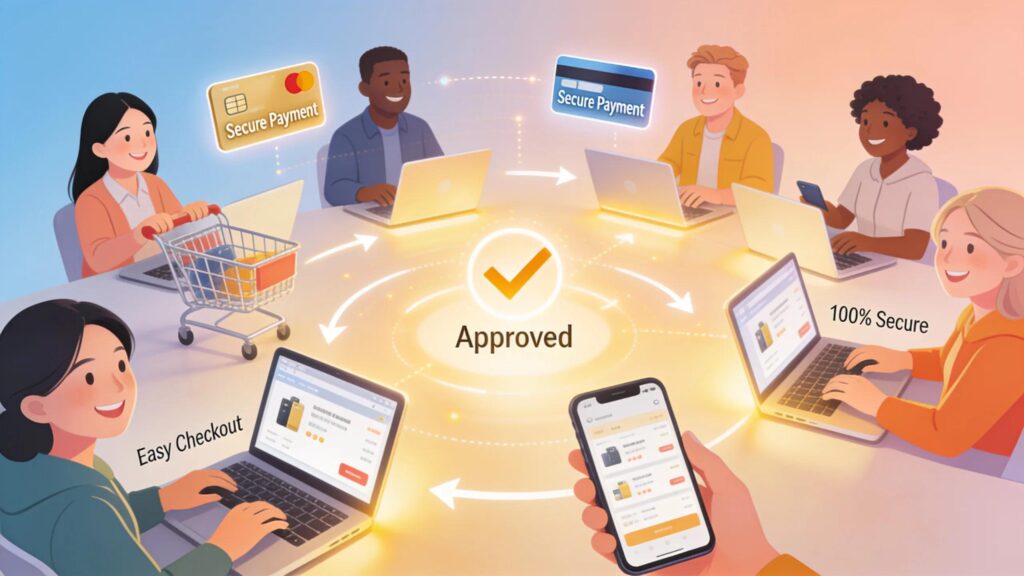 Online shopping environment with customers using devices to process payments securely
