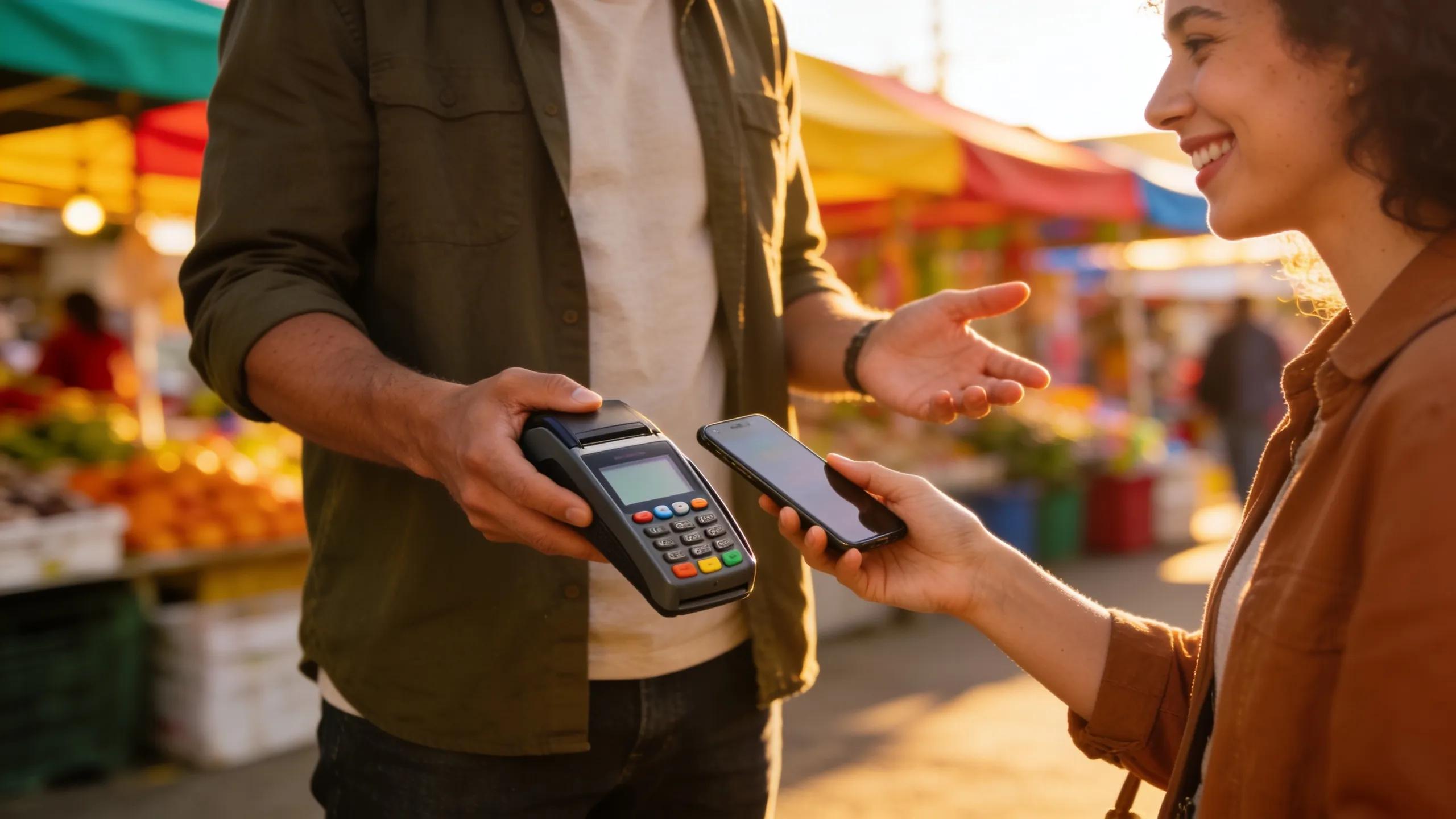 Mobile merchant accepting payments using a wireless credit card reader at an outdoor market