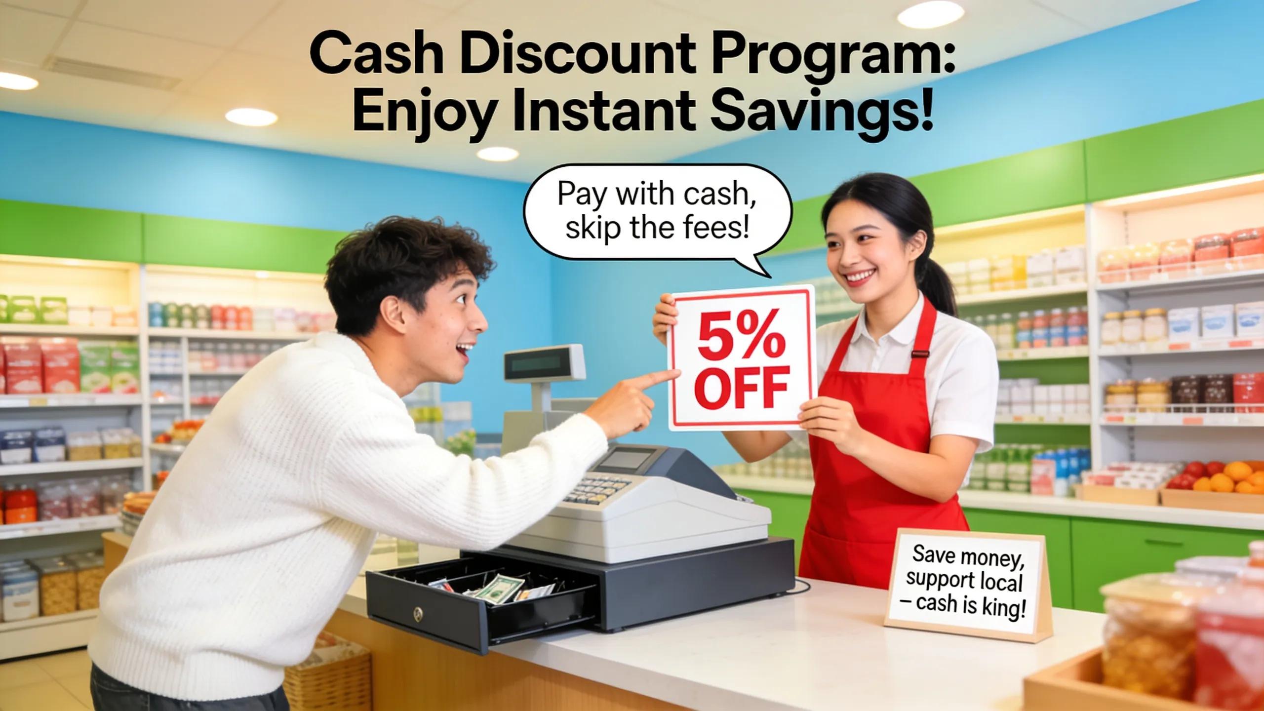 Cashier explaining cash discount program to customer in a friendly retail environment