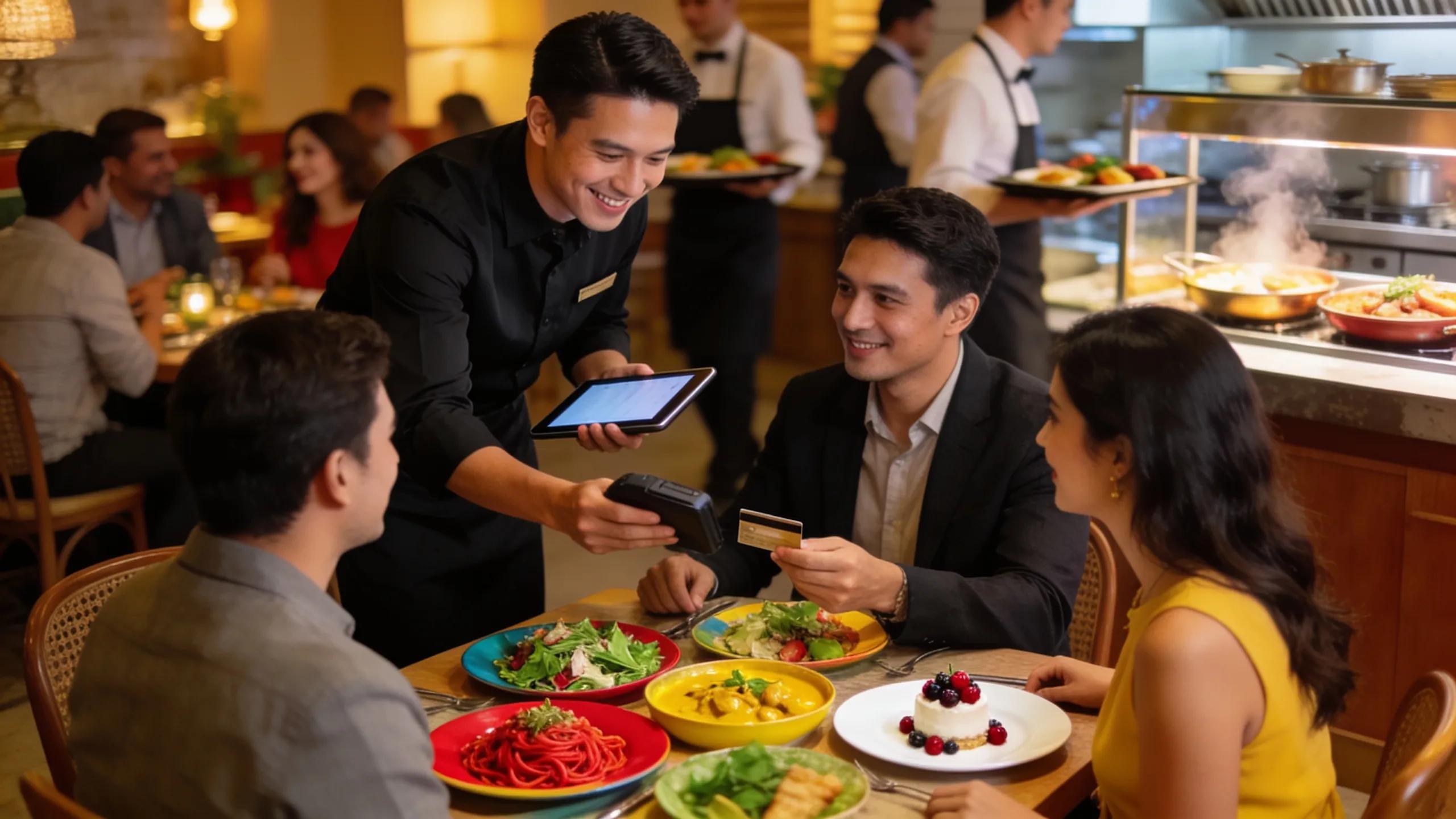 Server using a tablet for table-side payment processing in a lively restaurant
