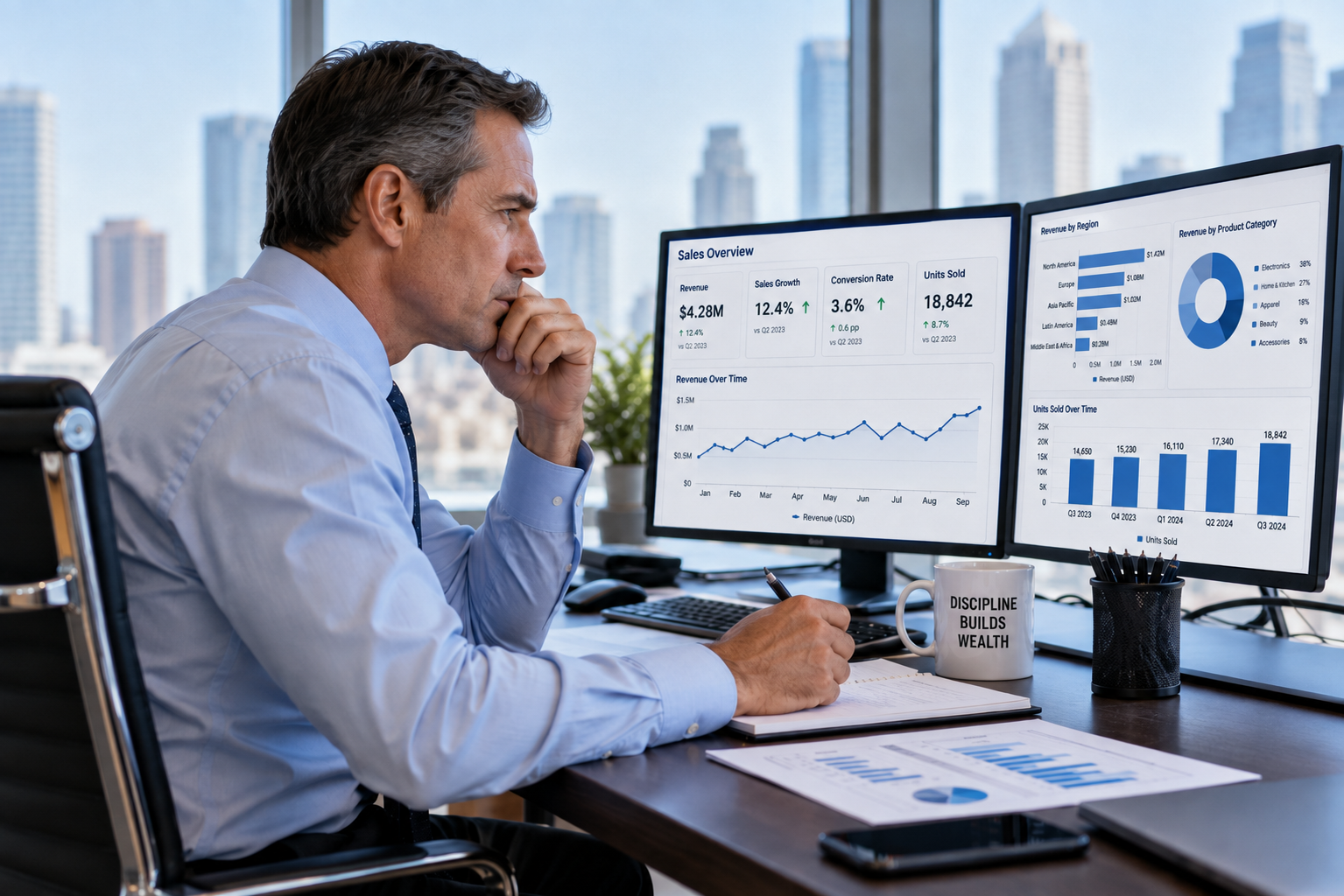 Businessman analyzing investment charts at his workplace