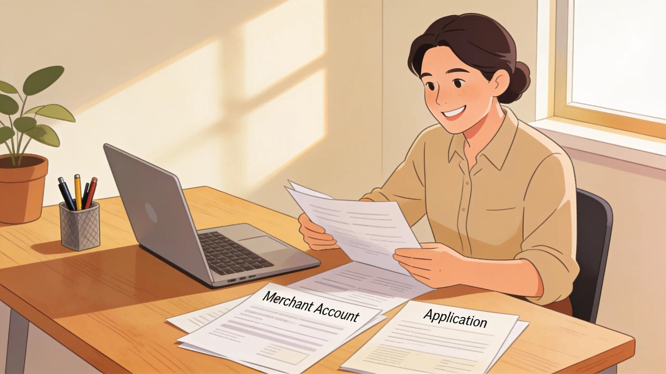 Business owner reviewing merchant account setup documentation at a desk