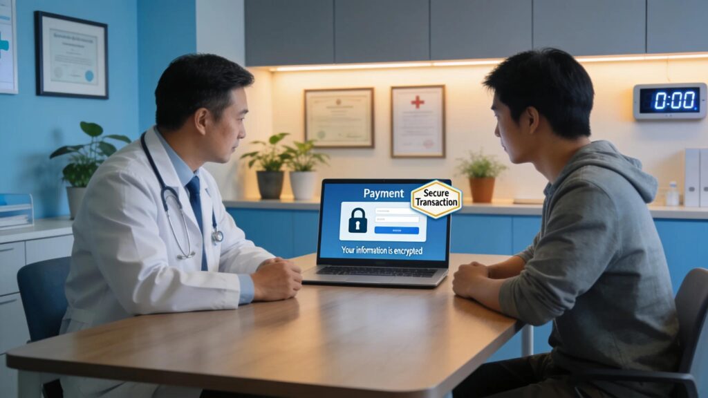 Doctor and patient discussing secure HIPAA-compliant payment processing in a modern healthcare office