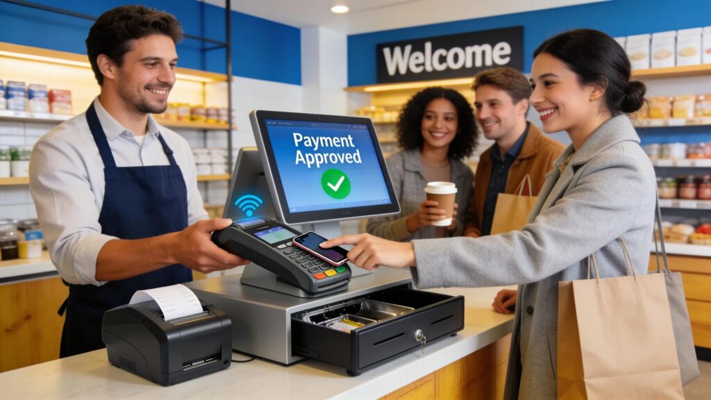 Small business owner using a credit card machine to facilitate a transaction in a lively retail environment