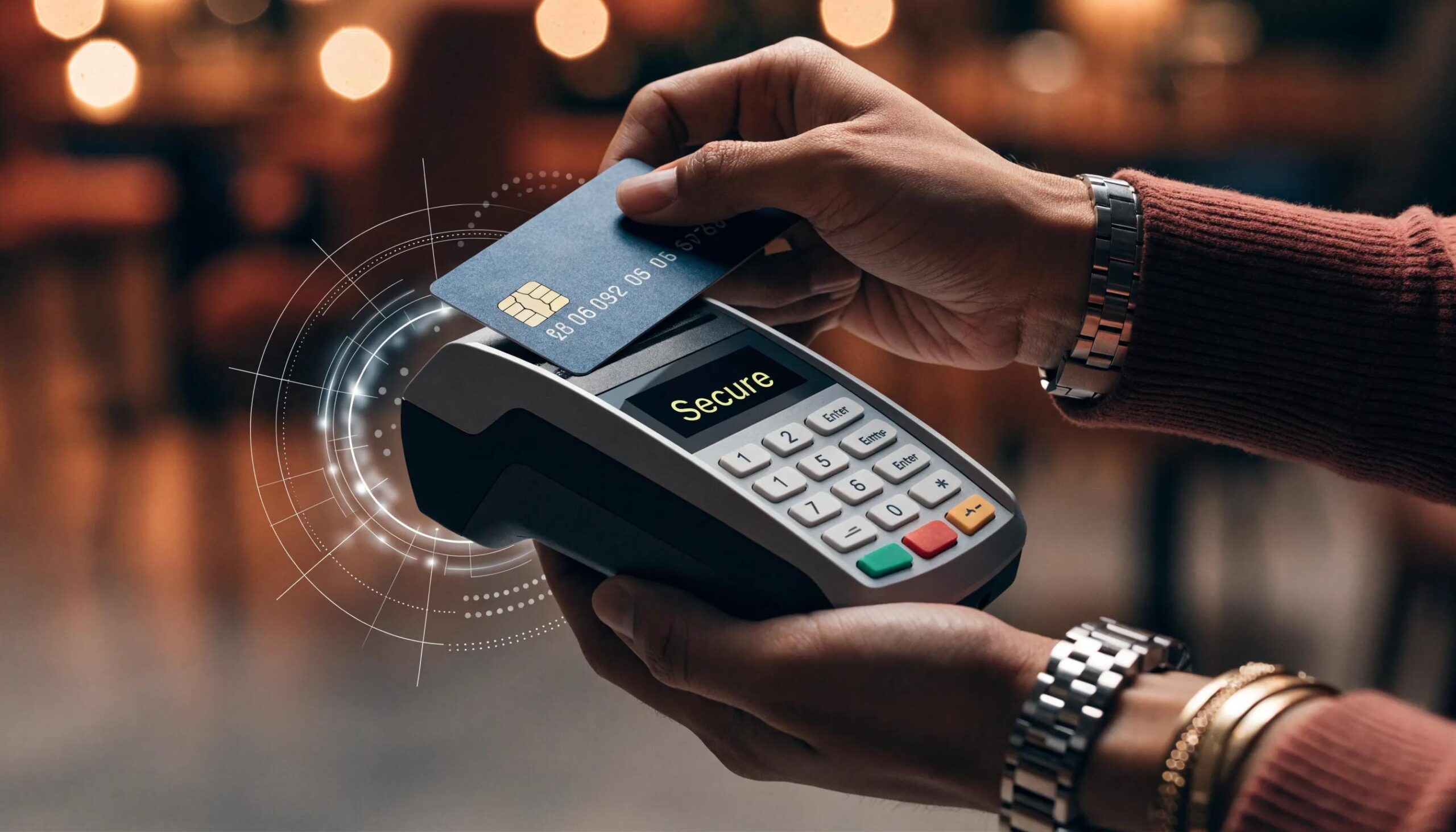 Close-up of credit card processing emphasizing secure online payment features