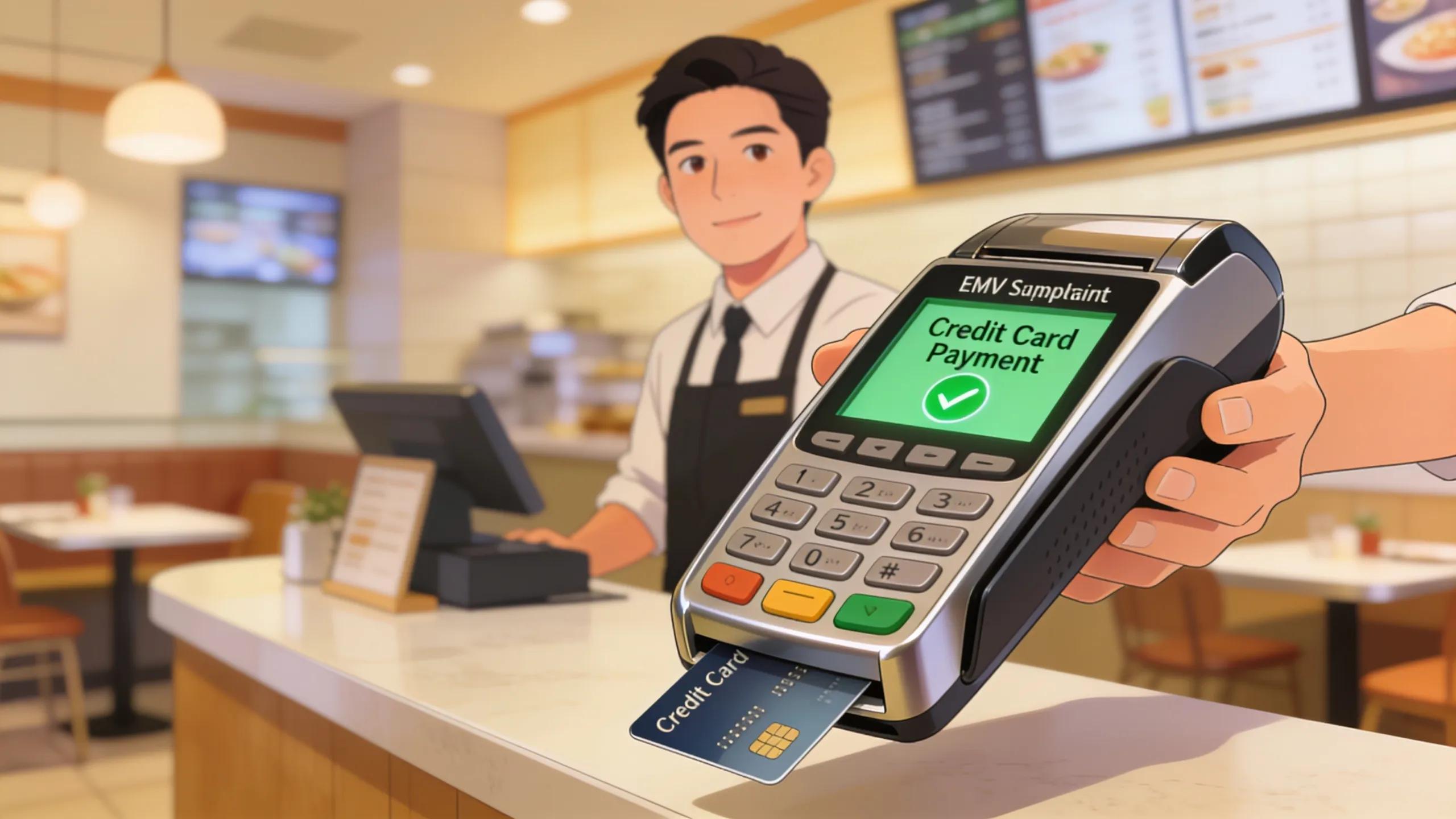 Restaurant cashier using EMV technology for secure payment processing