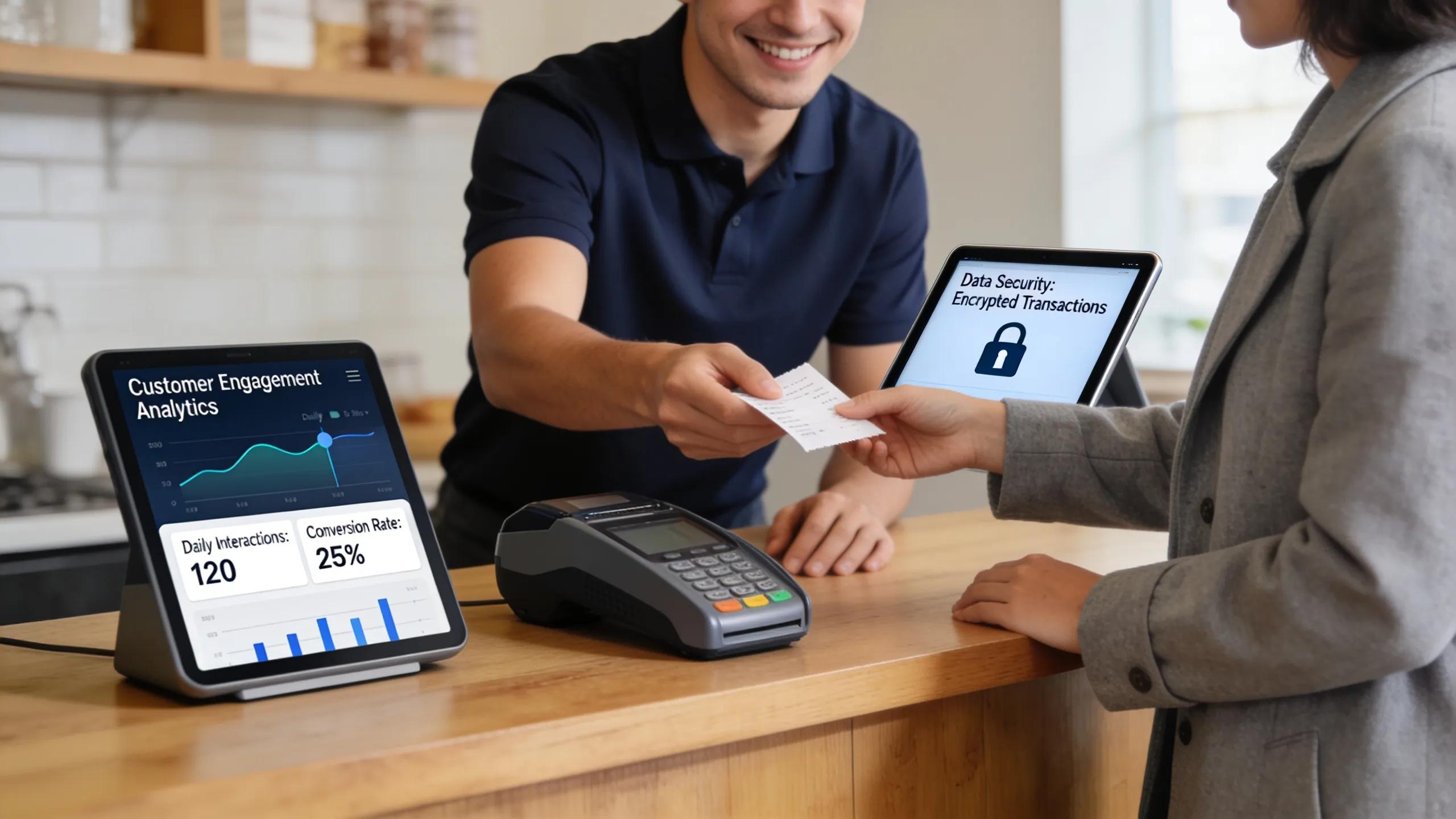 A small business staff using a smart POS system showing customer data insights in a contemporary retail setting