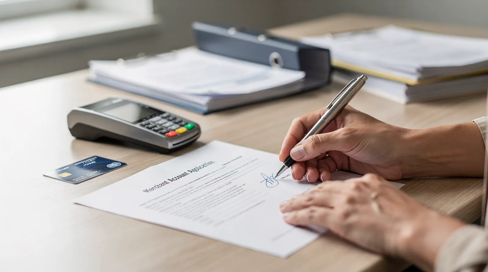 Setup begins with an application that matches a business to a pricing plan and equipment